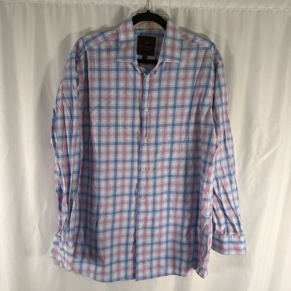 Tattersall Dress Shirt Men's 16.5 Blue Pink Plaid Long Sleeve Button Up Collared